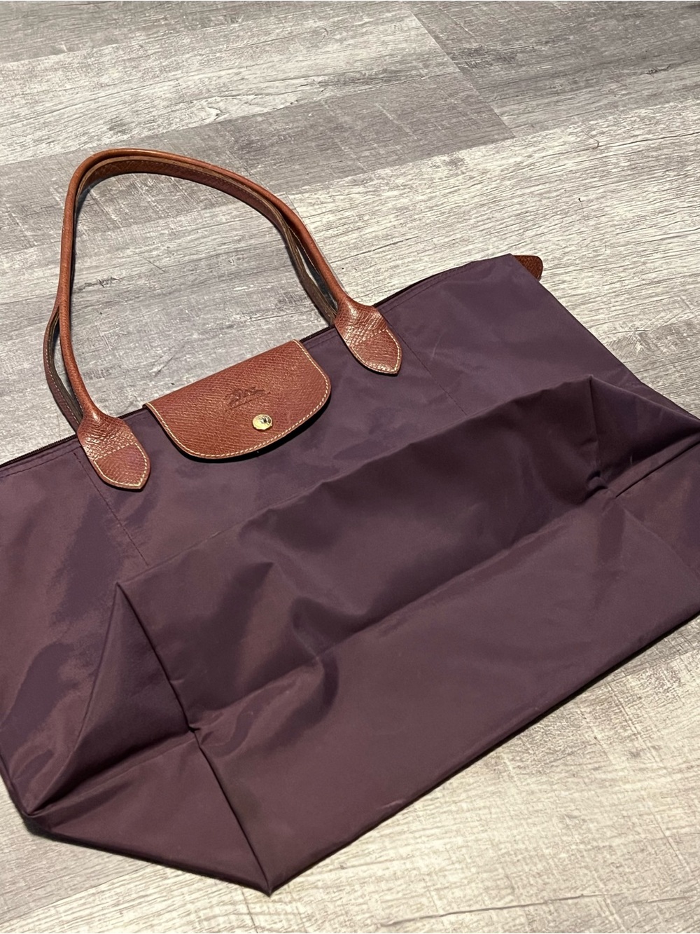 Longchamp Purple Tote with Brown Trim and Gold Hardware